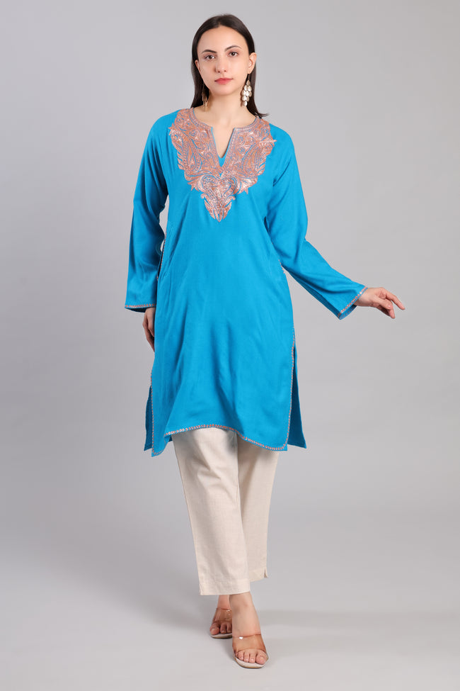 Cerulean Blue Kashmiri Woolen Pheran with Copper Boti Tilla Embroidery