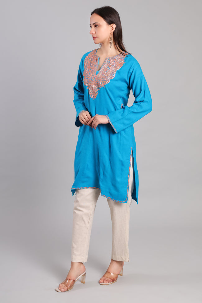 Cerulean Blue Kashmiri Woolen Pheran with Copper Boti Tilla Embroidery
