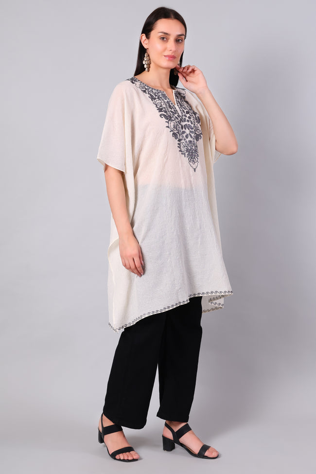 Novbahar Off-White Kashmiri Kaftan with Charcoal Aari Embroidery