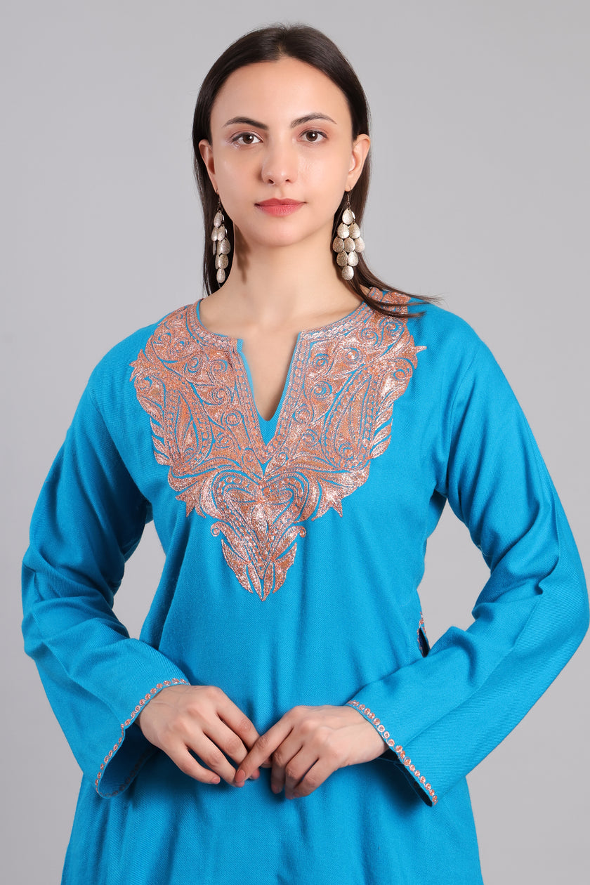 Cerulean Blue Kashmiri Woolen Pheran with Copper Boti Tilla Embroidery
