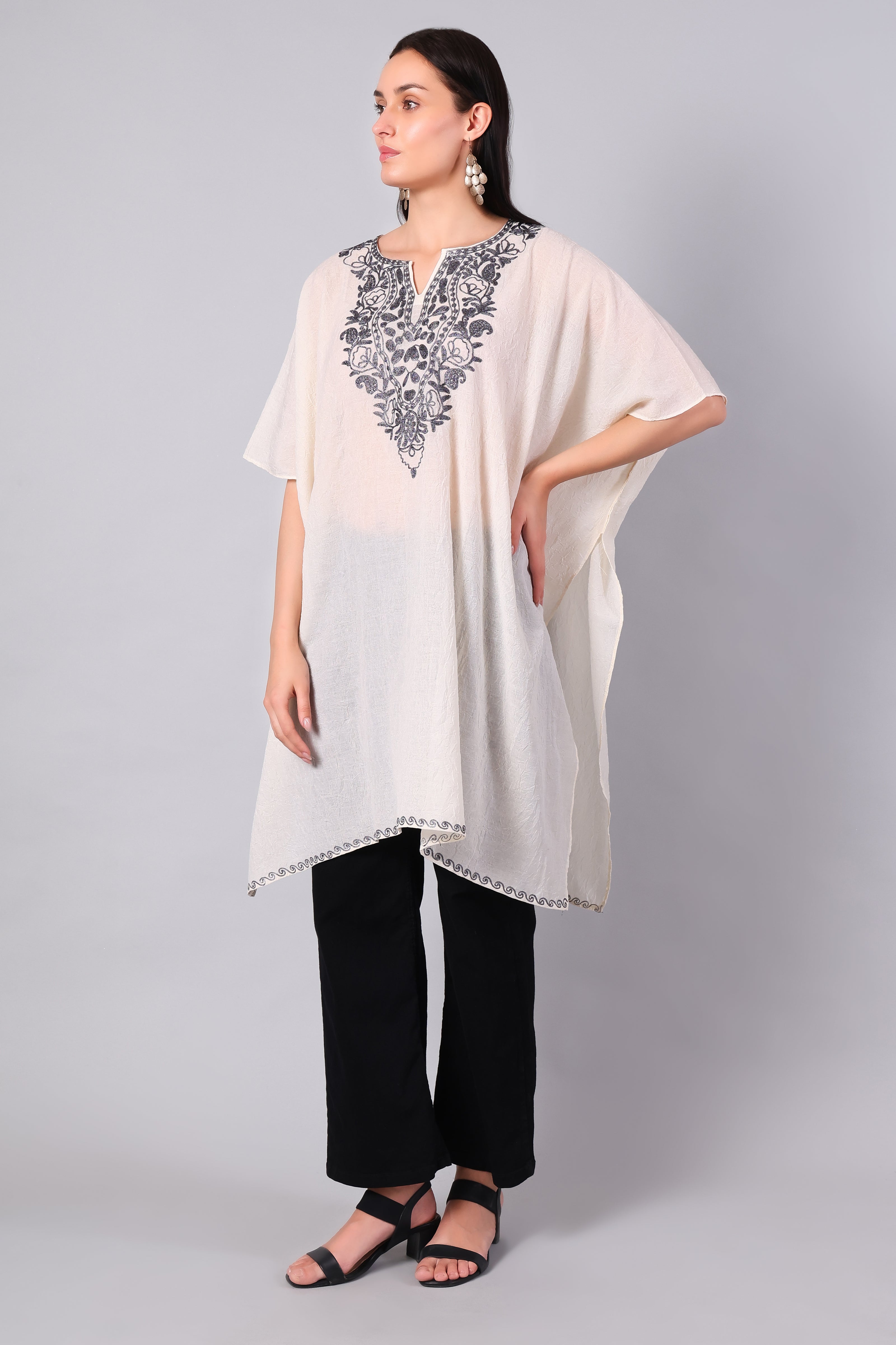 Novbahar Off-White Kashmiri Kaftan with Charcoal Aari Embroidery
