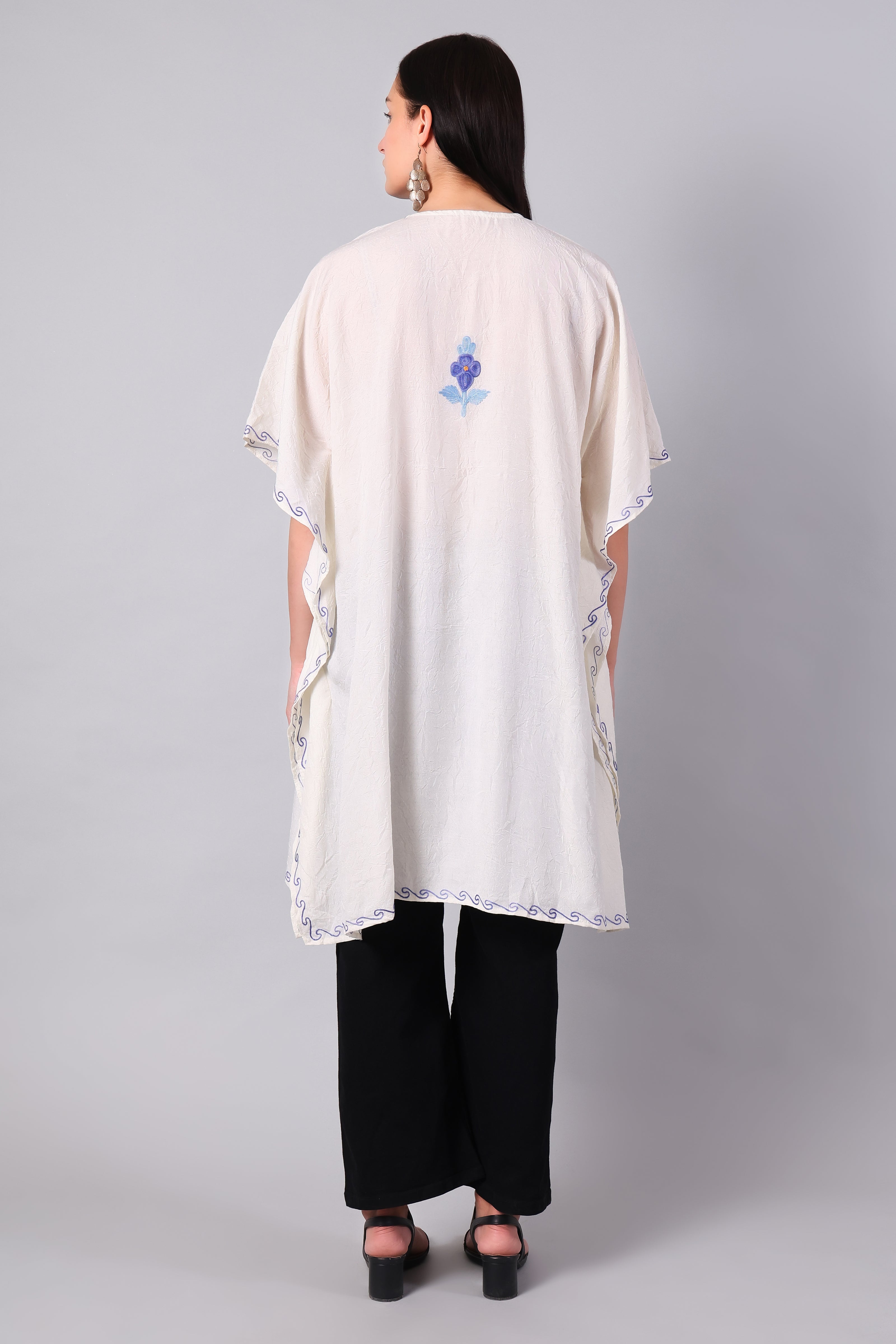 Novbahar White Kashmiri Kaftan with Blue Violet Aari Embroidery