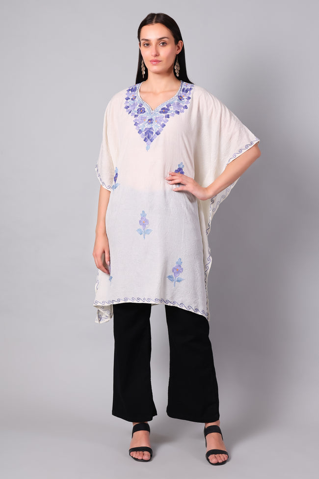 Novbahar White Kashmiri Kaftan with Blue Violet Aari Embroidery