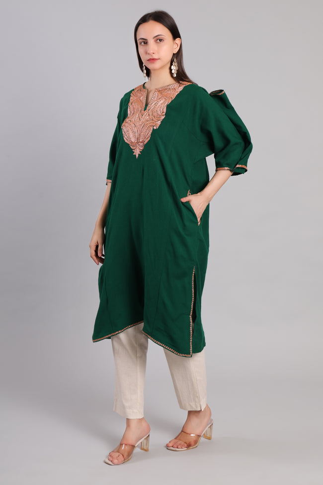 Bottle Green Korab Kashmiri Pheran with Rose Gold Tilla Embroidery