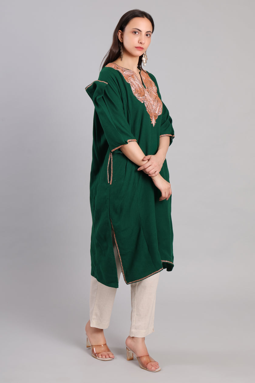 Bottle Green Korab Kashmiri Pheran with Rose Gold Tilla Embroidery