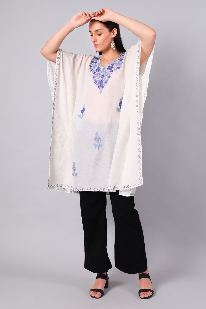 Novbahar White Kashmiri Kaftan with Blue Violet Aari Embroidery