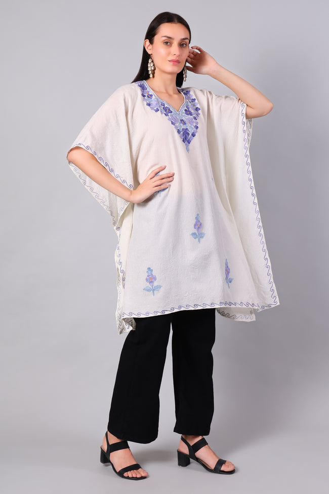 Novbahar White Kashmiri Kaftan with Blue Violet Aari Embroidery