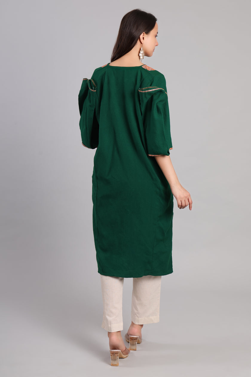 Bottle Green Korab Kashmiri Pheran with Rose Gold Tilla Embroidery