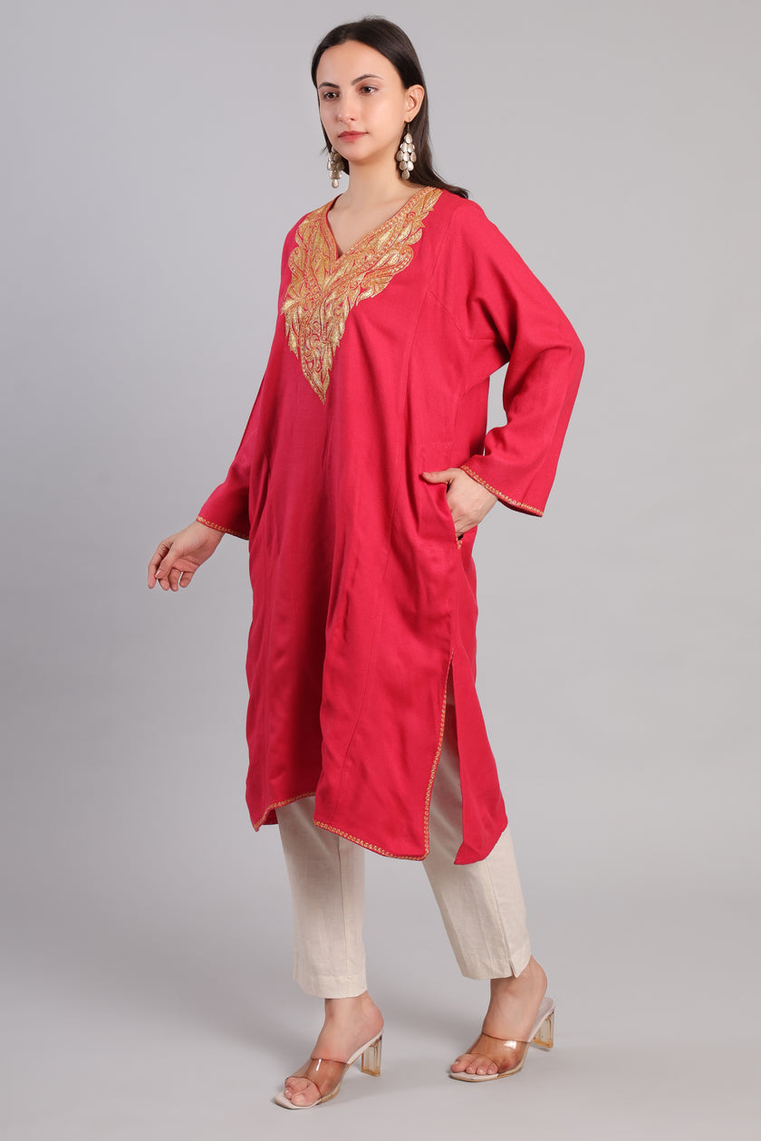 Pink Kashmiri Pheran with Golden Boti Tilla Embroidery