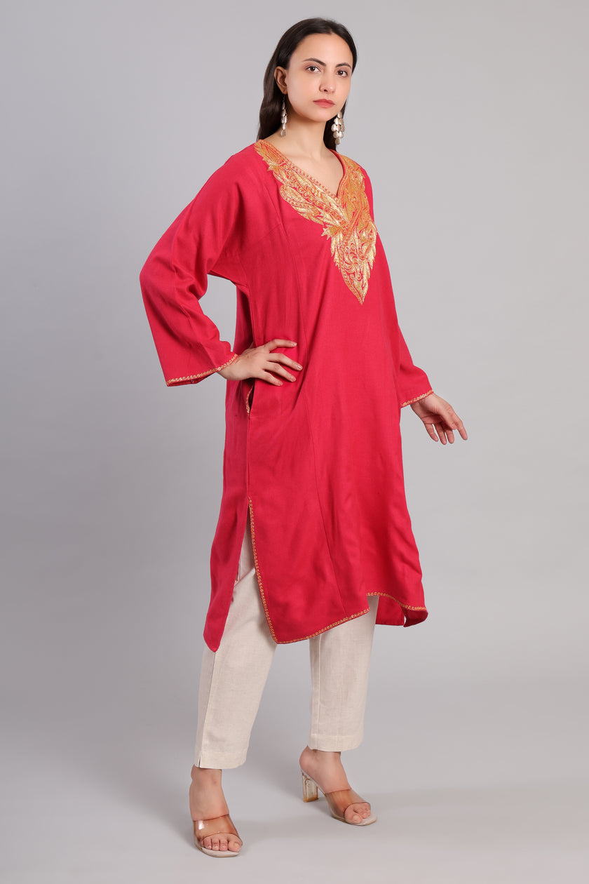Pink Kashmiri Pheran with Golden Boti Tilla Embroidery