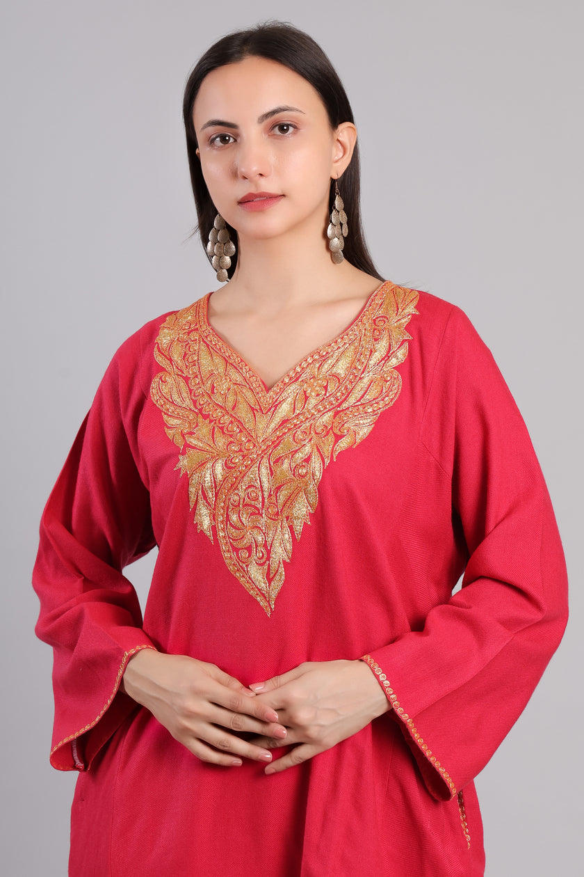 Pink Kashmiri Pheran with Golden Boti Tilla Embroidery