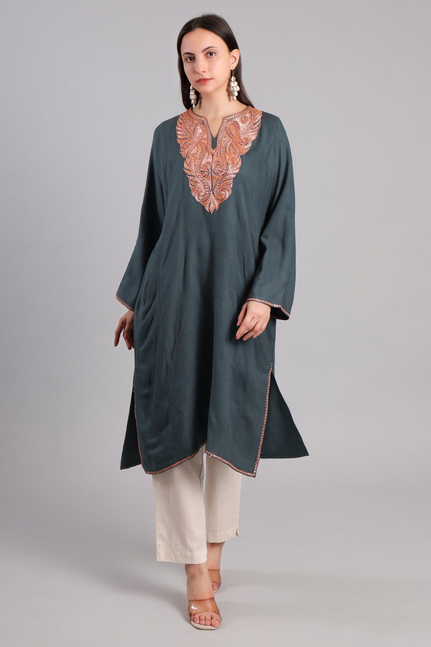 Grey Kashmiri Pheran with Copper Boti Tilla Embroidery