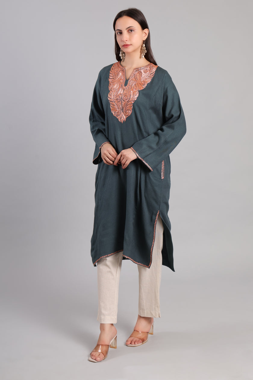 Grey Kashmiri Pheran with Copper Boti Tilla Embroidery