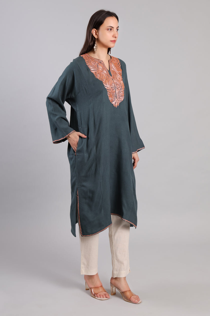 Grey Kashmiri Pheran with Copper Boti Tilla Embroidery