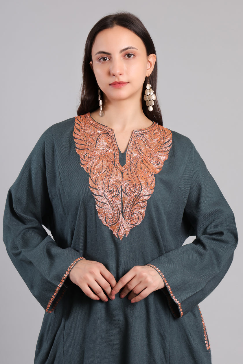 Grey Kashmiri Pheran with Copper Boti Tilla Embroidery