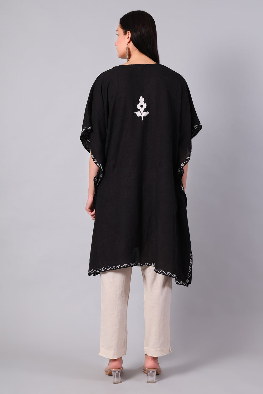 Novbahar Black Kashmiri Kaftan with White Aari Embroidery
