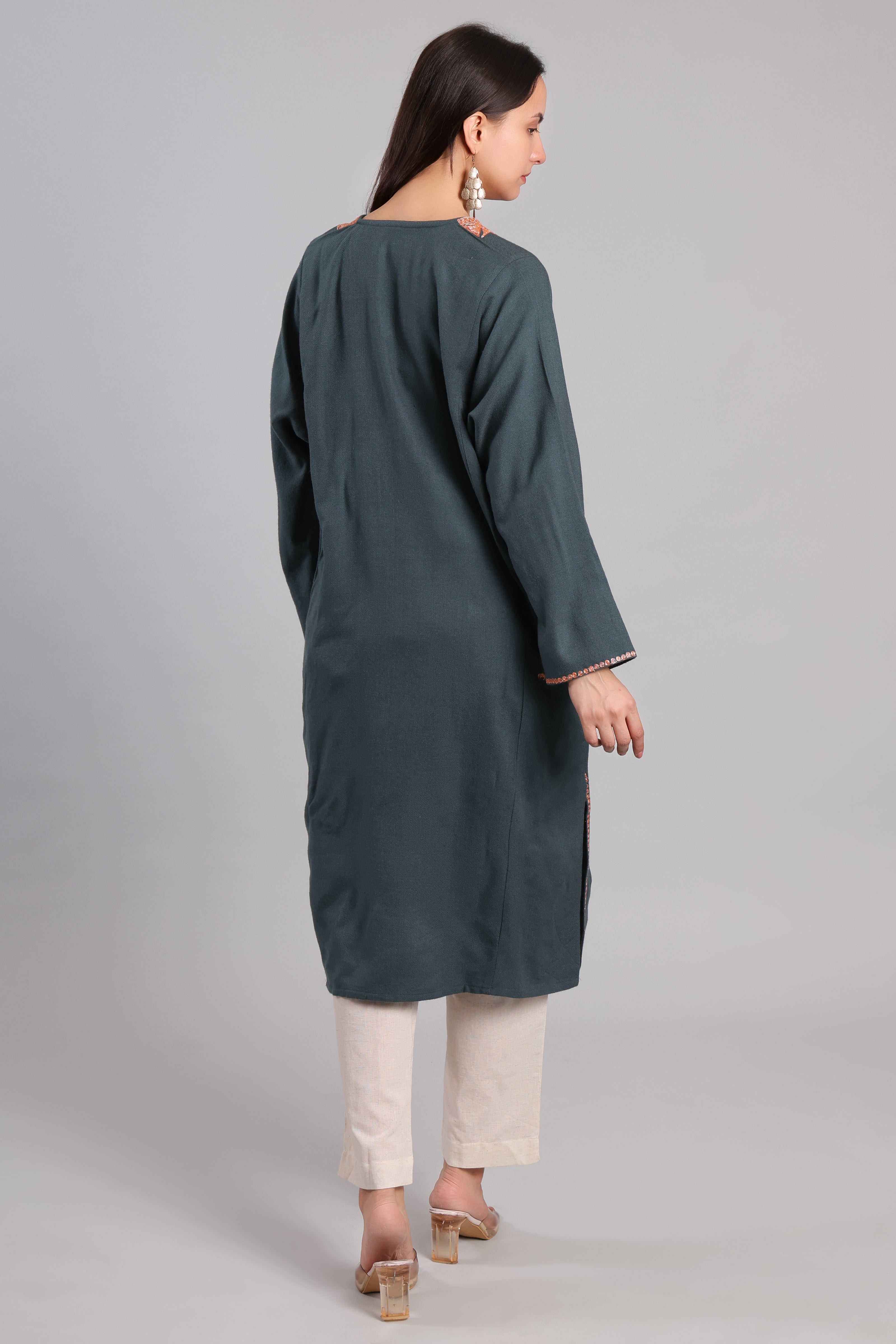 Grey Kashmiri Pheran with Copper Boti Tilla Embroidery