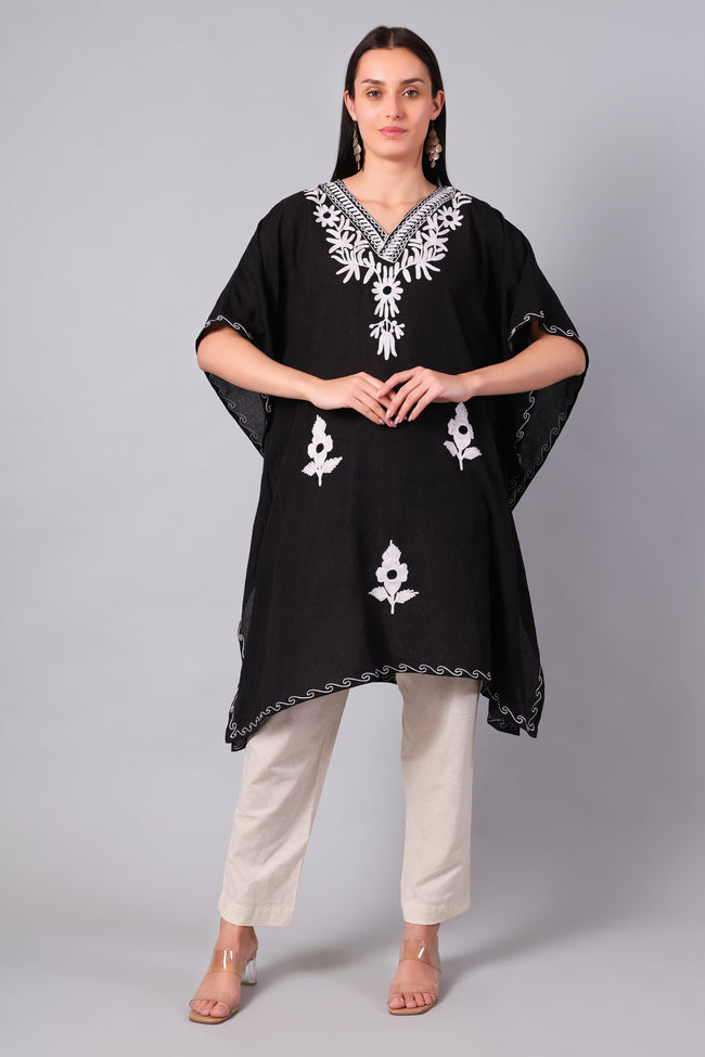 Novbahar Black Kashmiri Kaftan with White Aari Embroidery
