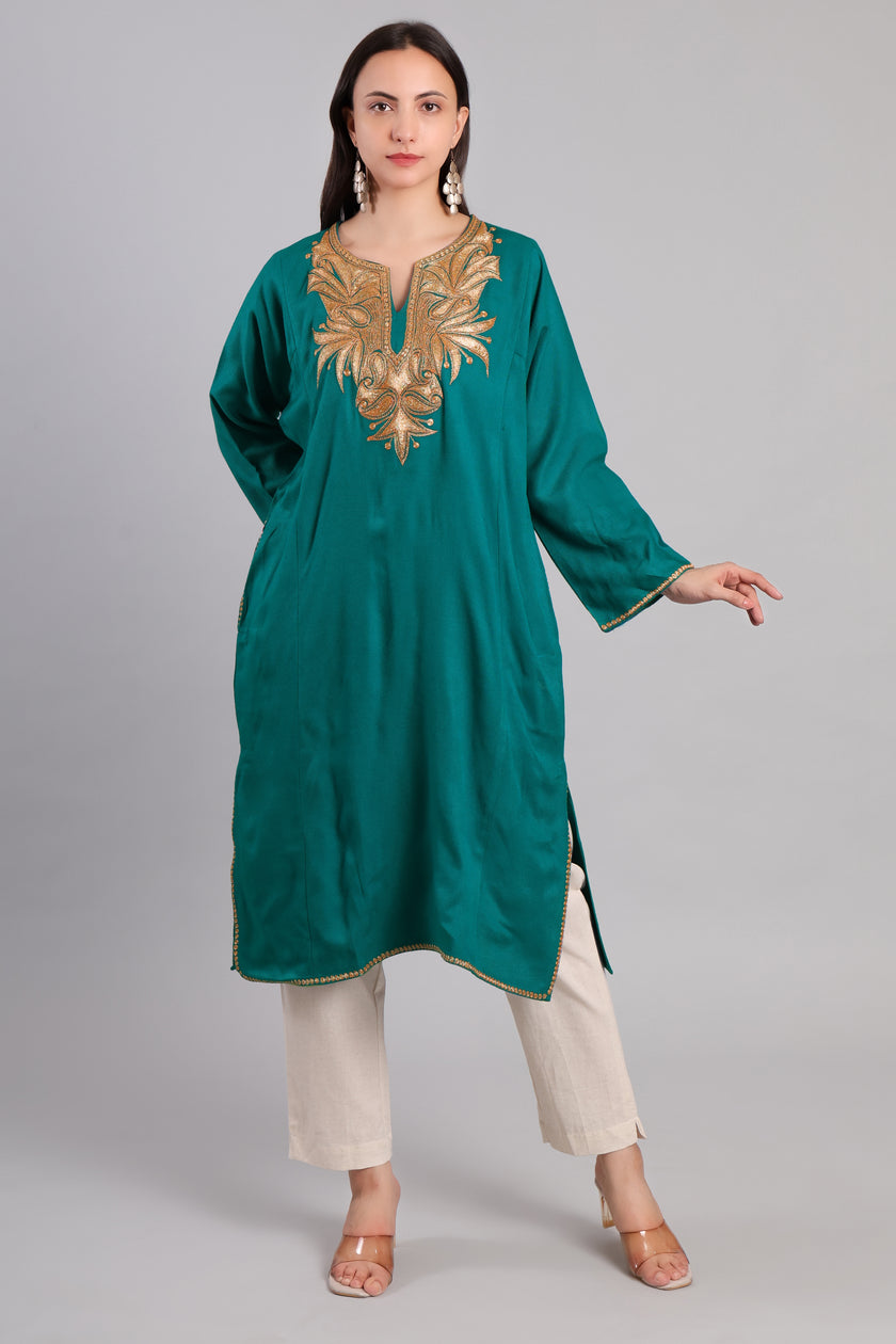 Teal Kashmiri Pheran with Golden Boti Tilla Embroidery