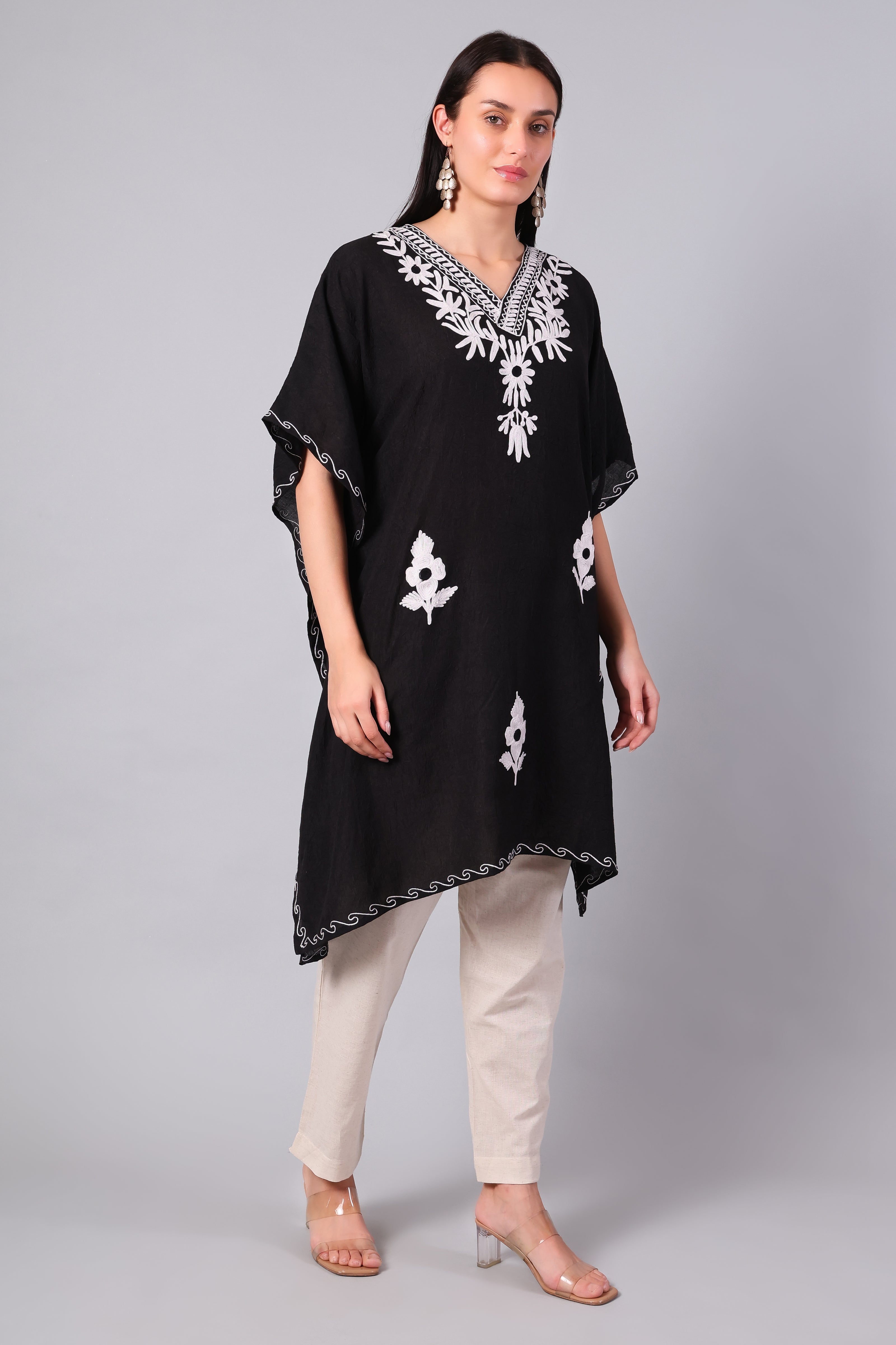 Novbahar Black Kashmiri Kaftan with White Aari Embroidery