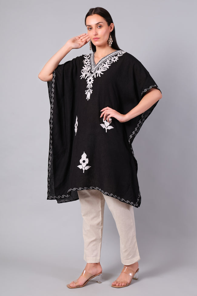 Novbahar Black Kashmiri Kaftan with White Aari Embroidery