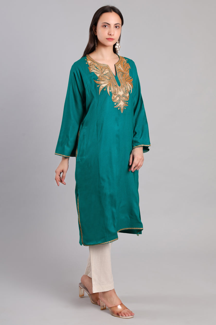 Teal Kashmiri Pheran with Golden Boti Tilla Embroidery
