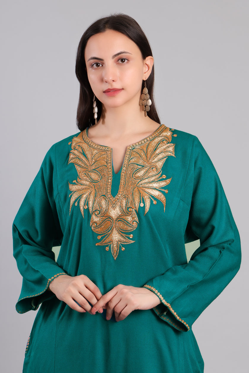 Teal Kashmiri Pheran with Golden Boti Tilla Embroidery
