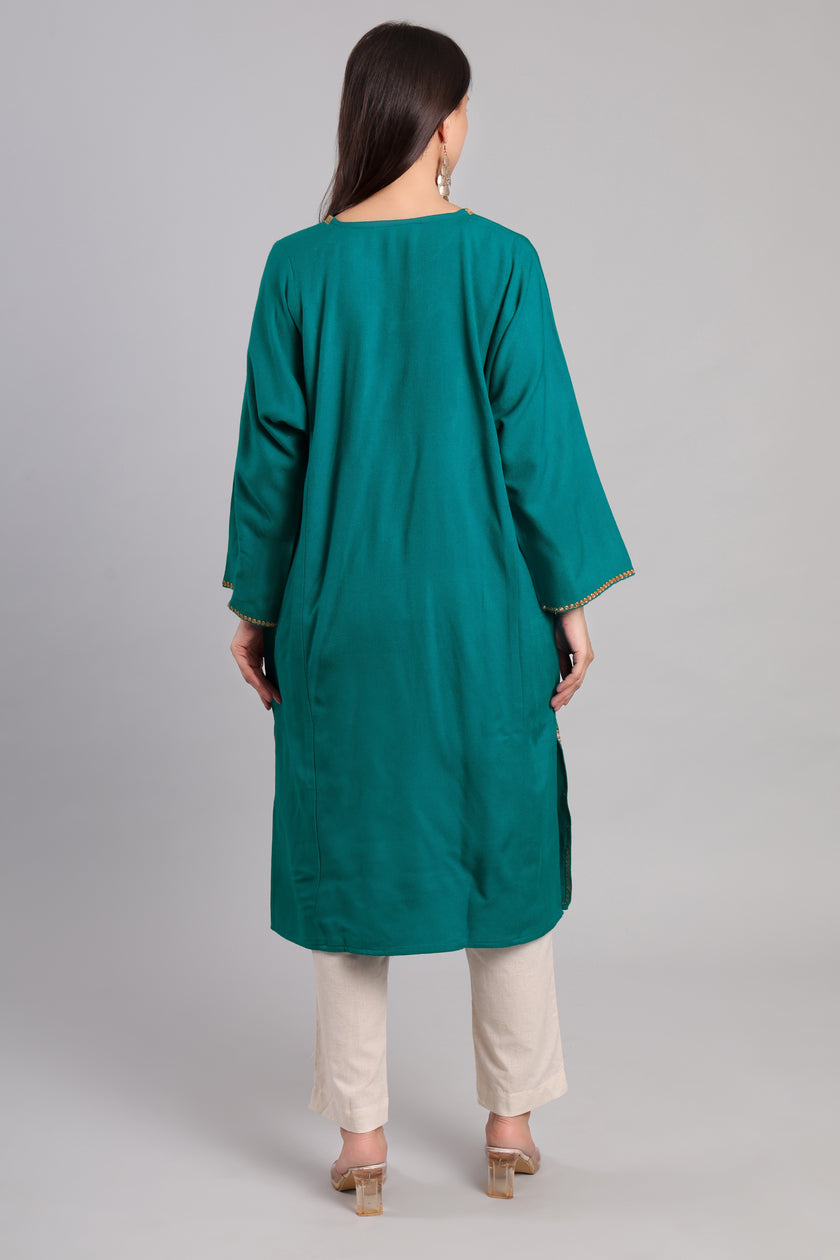 Teal Kashmiri Pheran with Golden Boti Tilla Embroidery