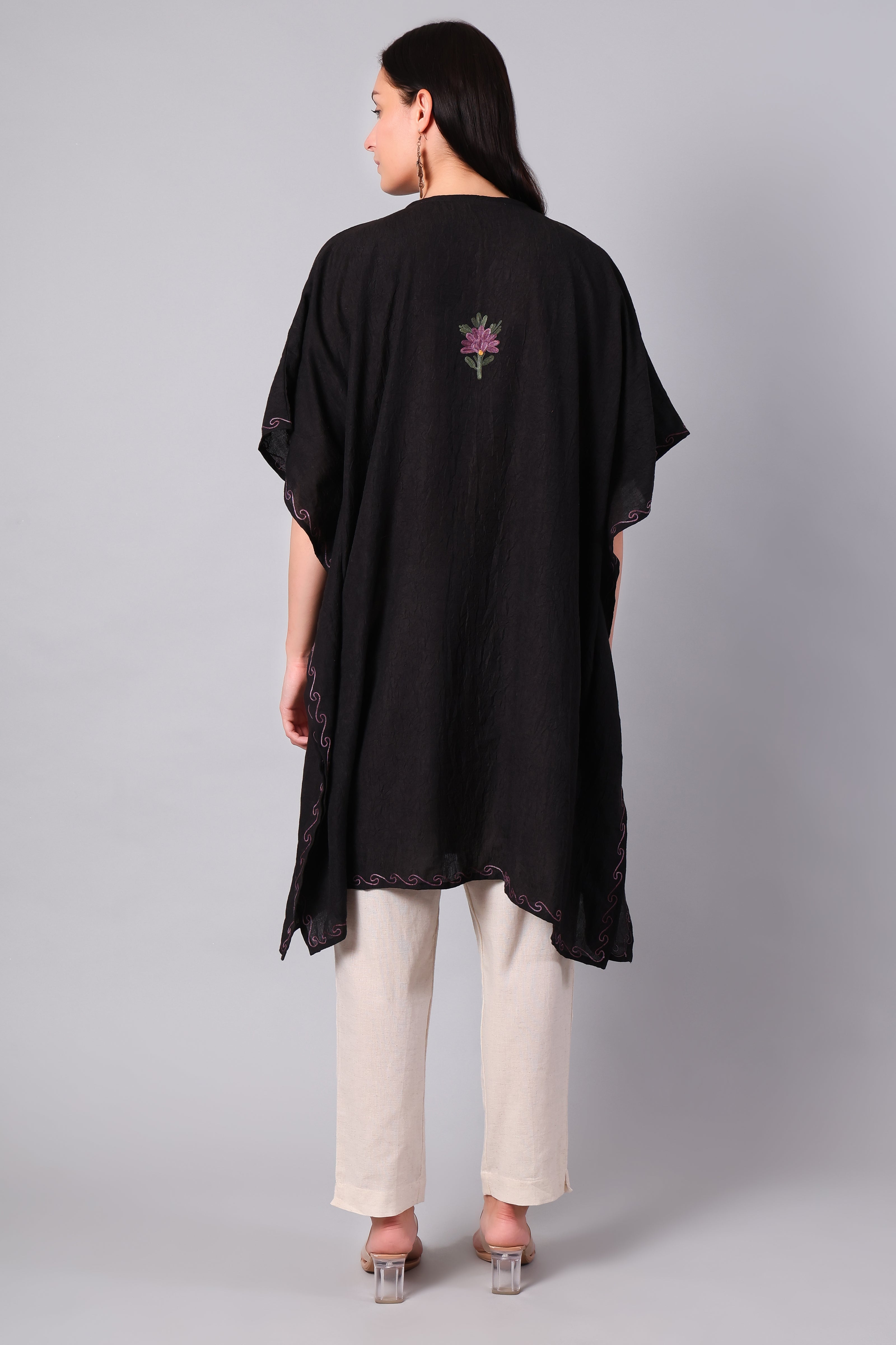 Novbahar Black Kashmiri Kaftan with Mauve and Olive Aari Embroidery