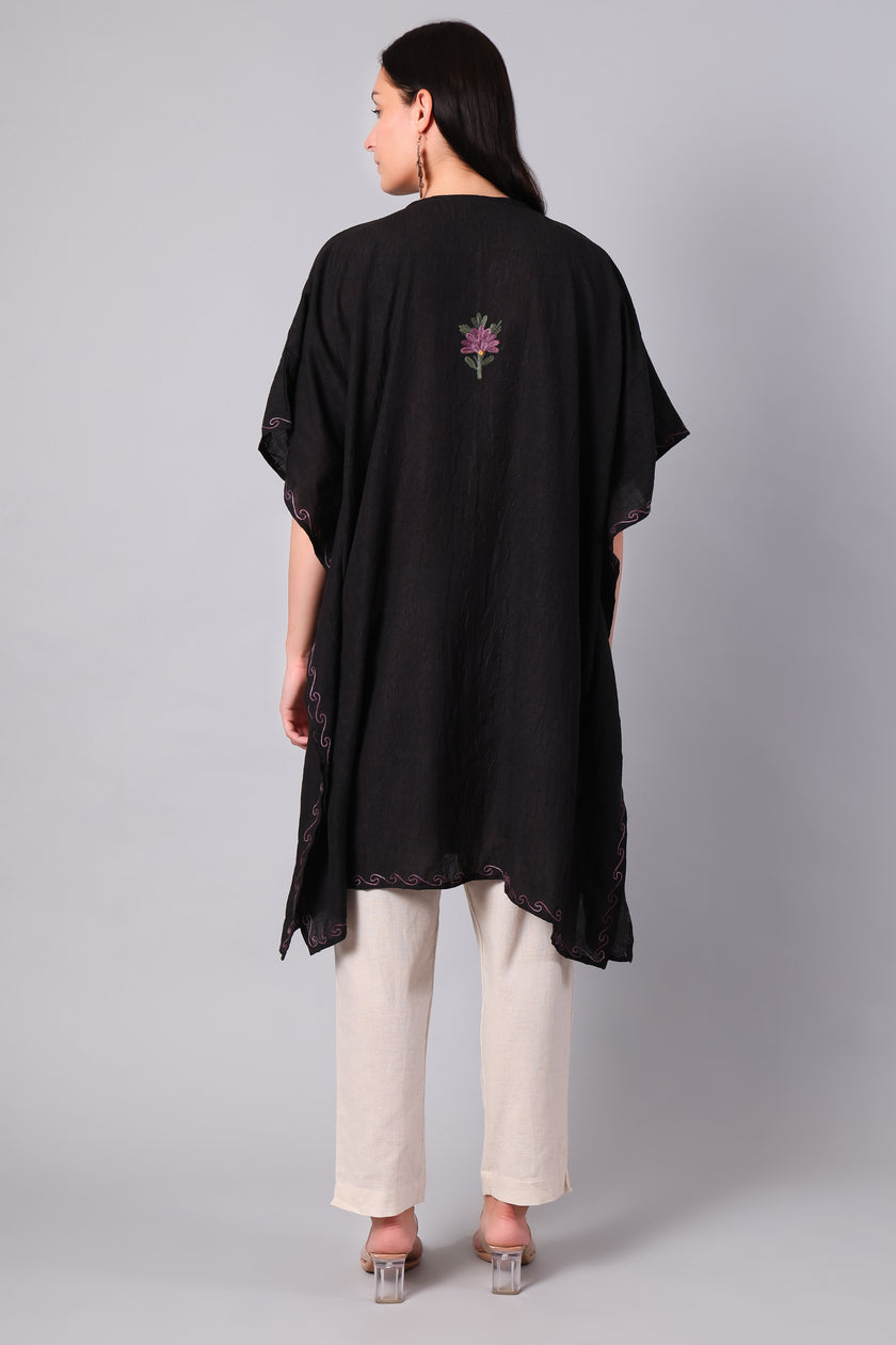 Novbahar Black Kashmiri Kaftan with Mauve and Olive Aari Embroidery