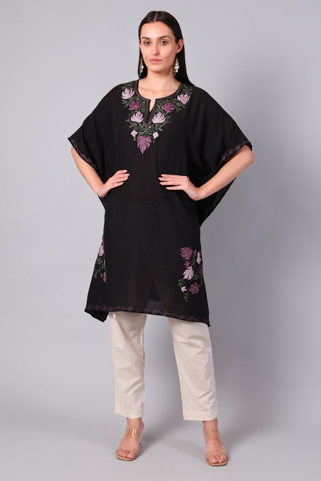 Novbahar Black Kashmiri Kaftan with Mauve and Olive Aari Embroidery