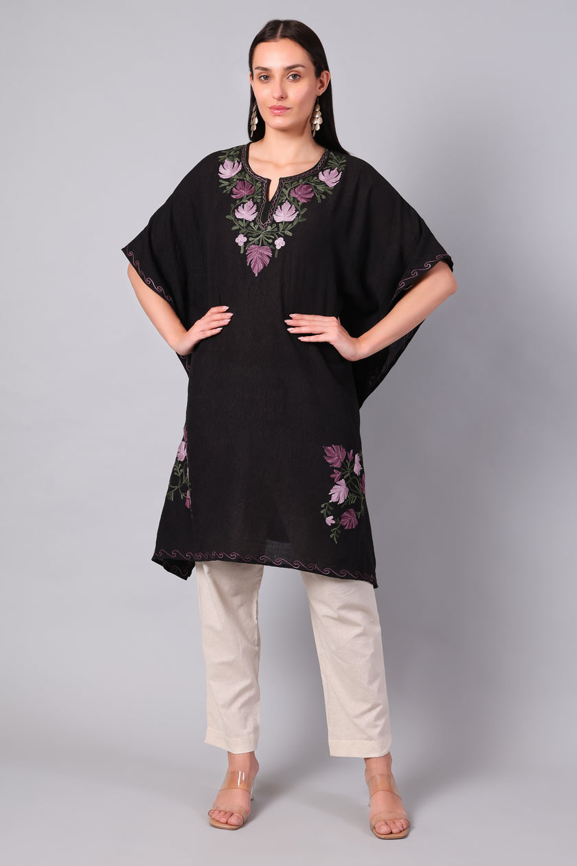 Novbahar Black Kashmiri Kaftan with Mauve and Olive Aari Embroidery