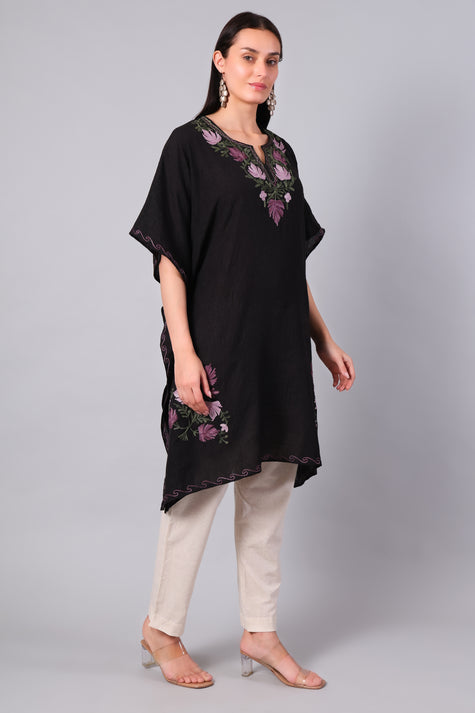 Novbahar Black Kashmiri Kaftan with Mauve and Olive Aari Embroidery