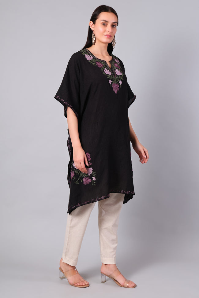 Novbahar Black Kashmiri Kaftan with Mauve and Olive Aari Embroidery