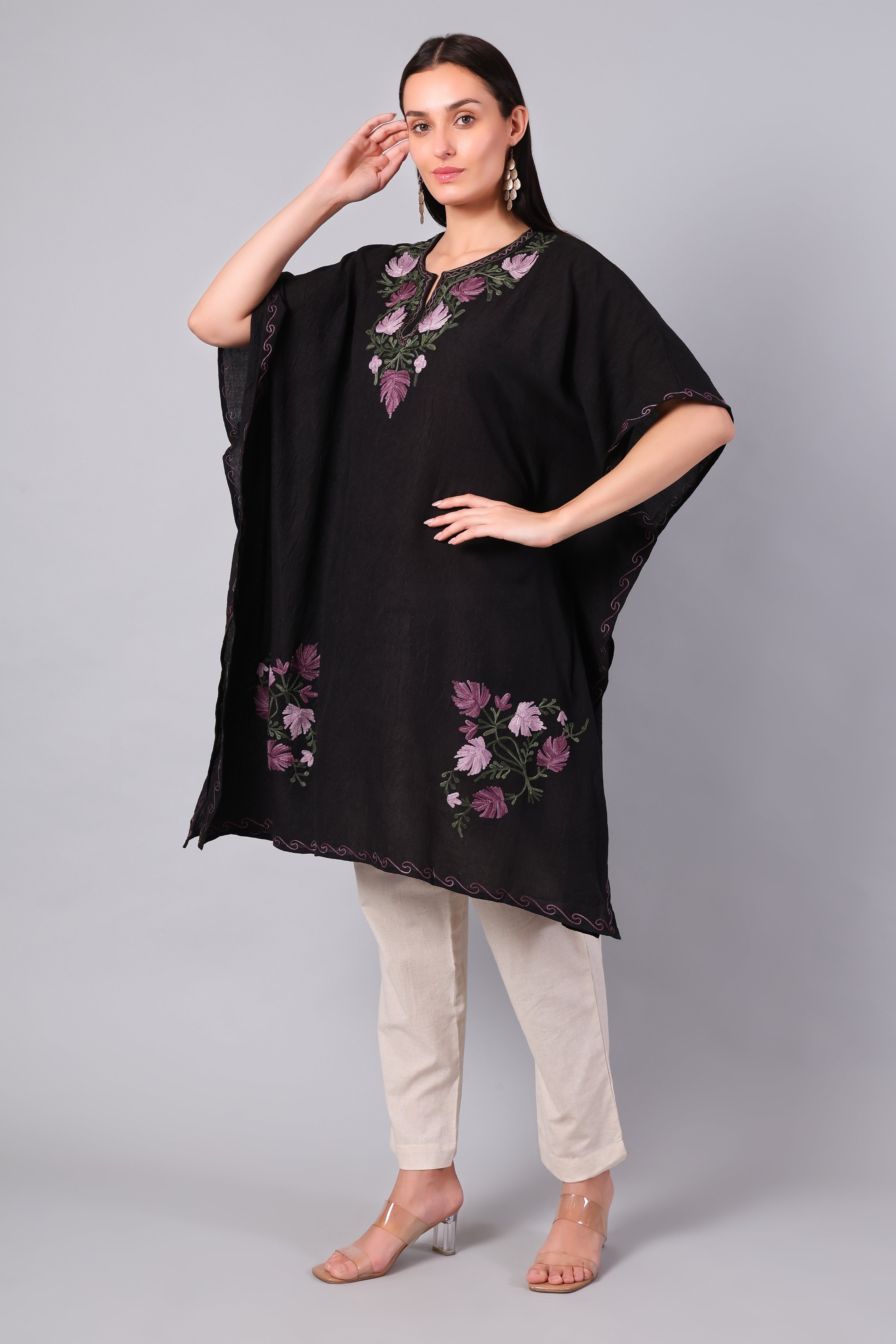 Novbahar Black Kashmiri Kaftan with Mauve and Olive Aari Embroidery