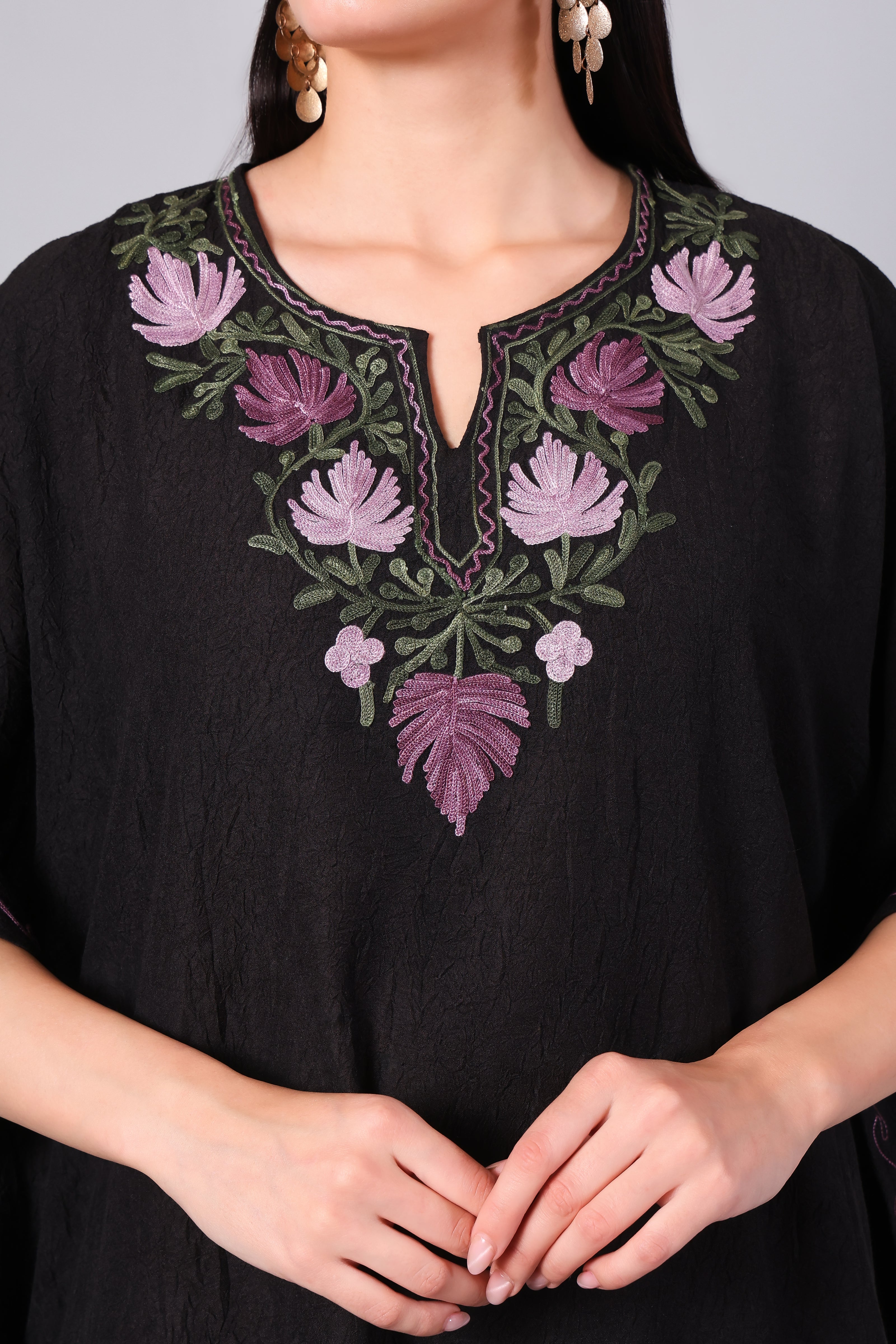 Novbahar Black Kashmiri Kaftan with Mauve and Olive Aari Embroidery