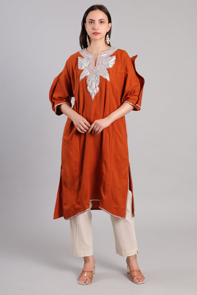 Terracotta Ember Korab Kashmiri Pheran with Silver Tilla Embroidery