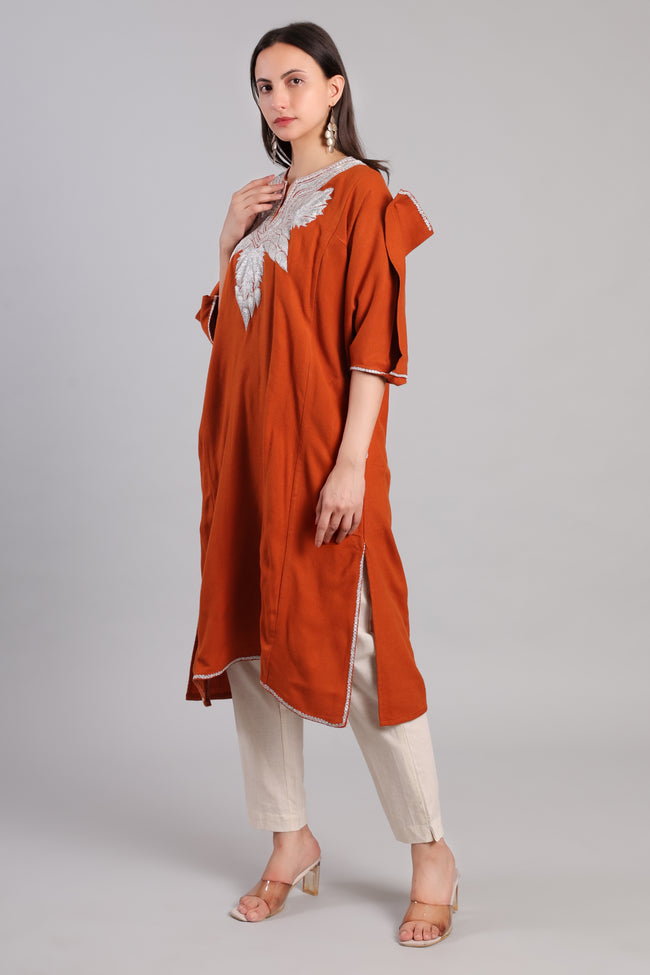 Terracotta Ember Korab Kashmiri Pheran with Silver Tilla Embroidery