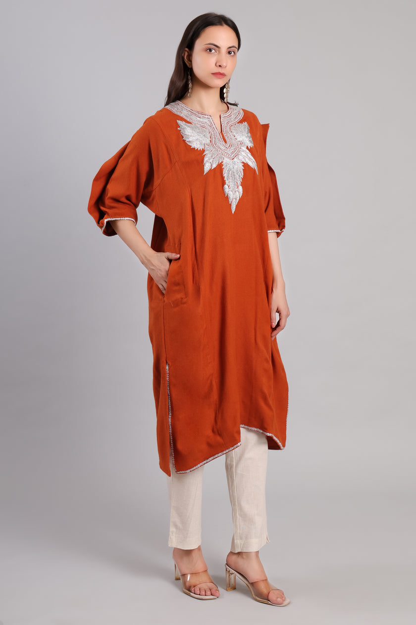 Terracotta Ember Korab Kashmiri Pheran with Silver Tilla Embroidery