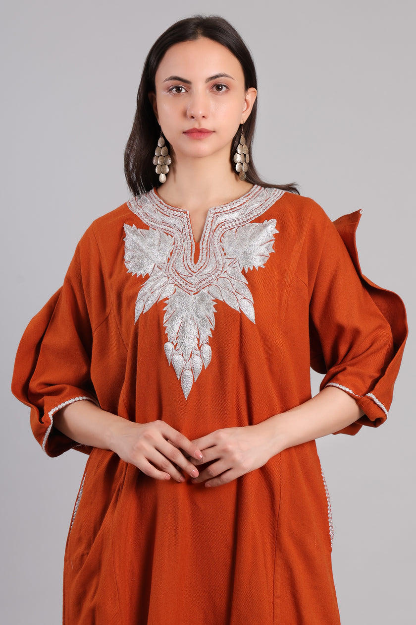 Terracotta Ember Korab Kashmiri Pheran with Silver Tilla Embroidery