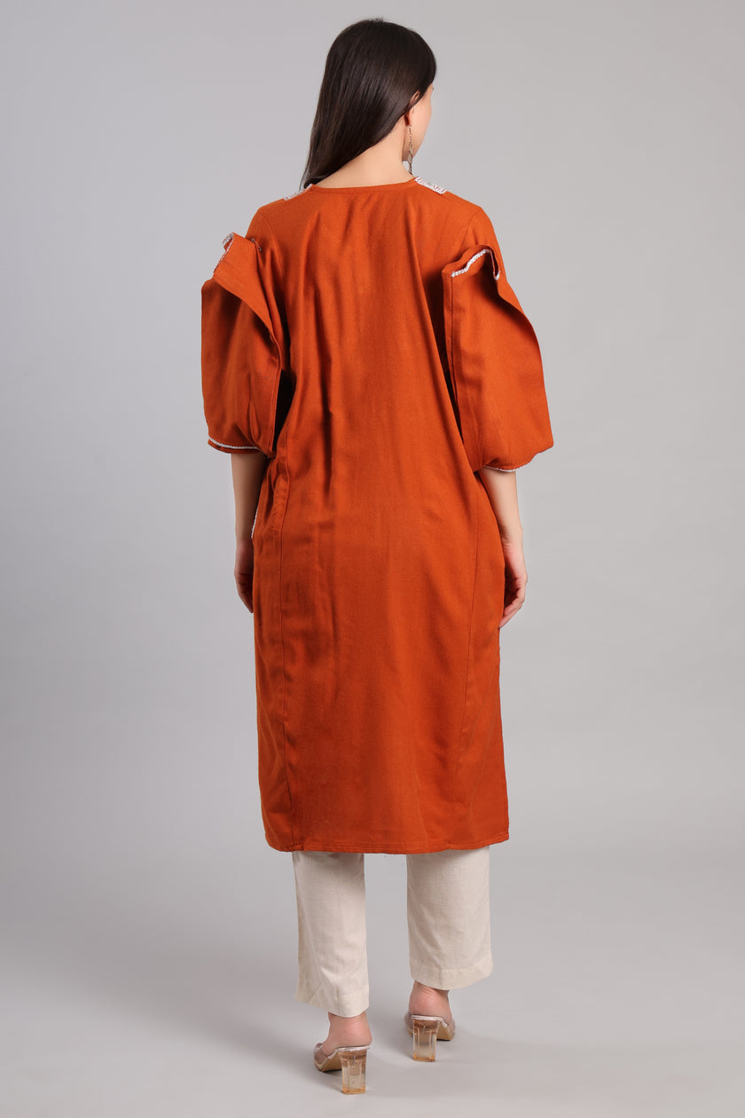 Terracotta Ember Korab Kashmiri Pheran with Silver Tilla Embroidery