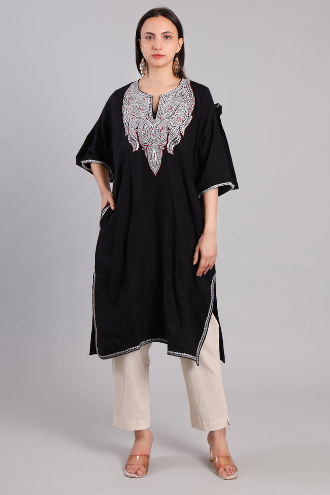 Black Korab Kashmiri Pheran with Silver Tilla Embroidery and Red Accents