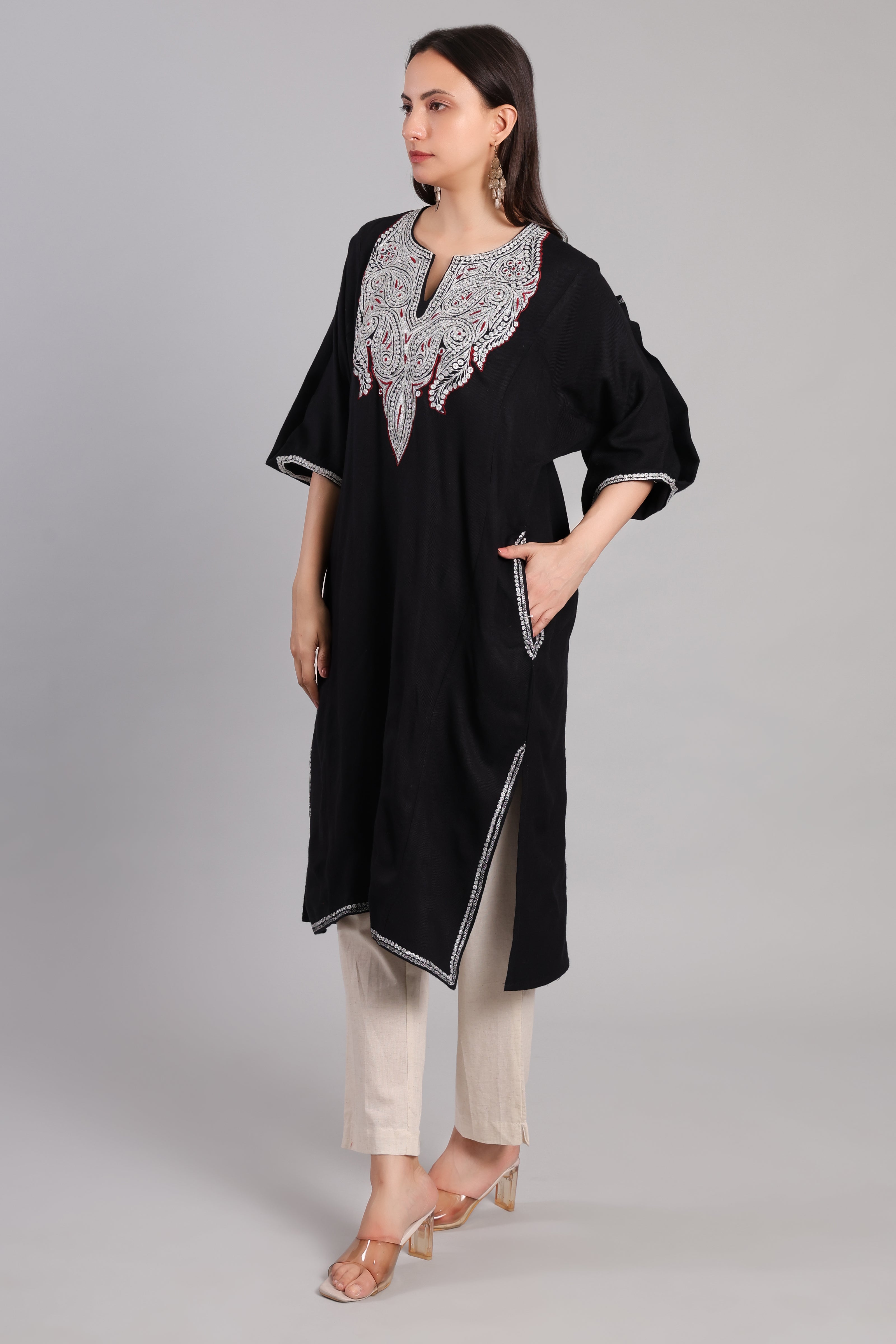 Black Korab Kashmiri Pheran with Silver Tilla Embroidery and Red Accents