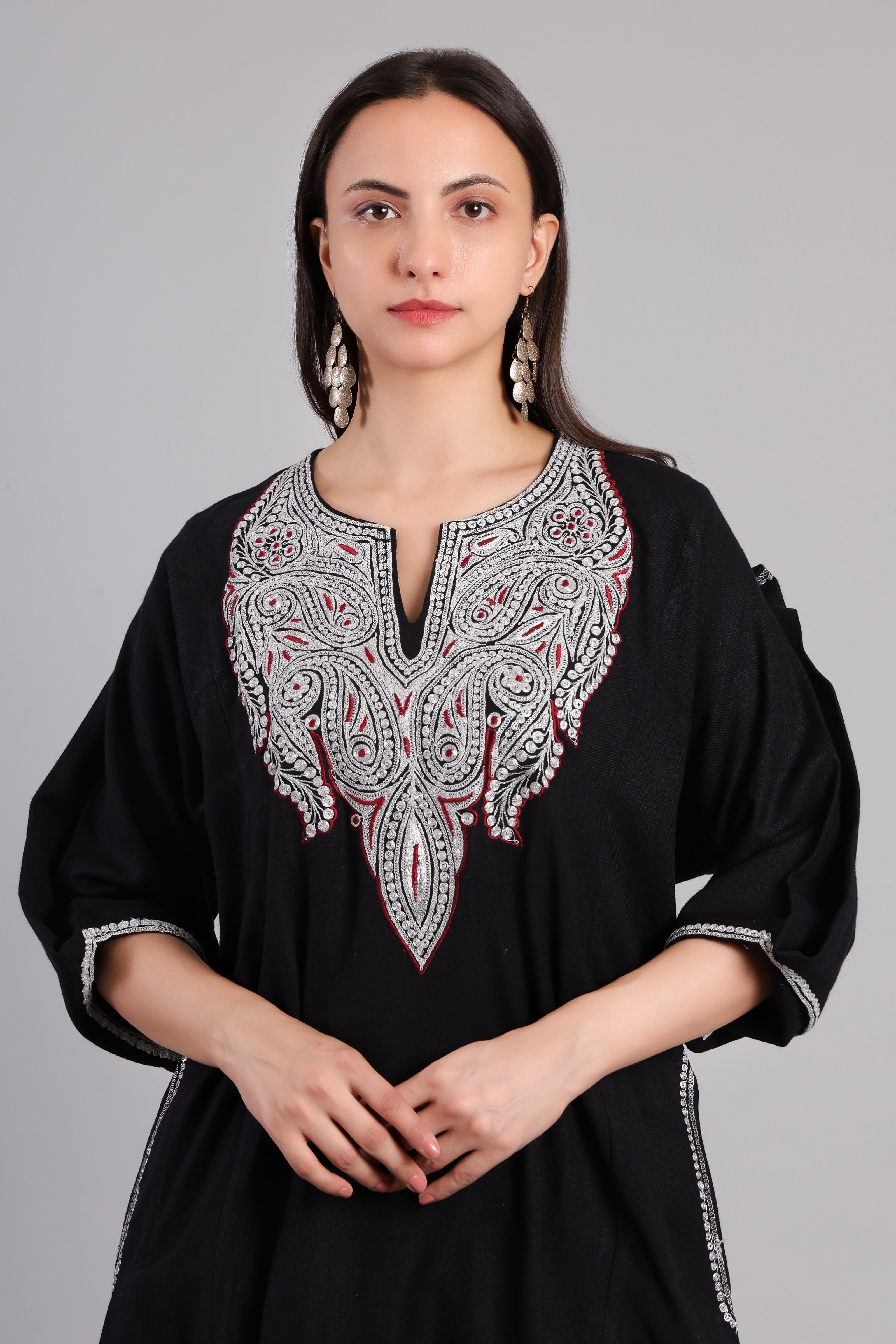 Black Korab Kashmiri Pheran with Silver Tilla Embroidery and Red Accents