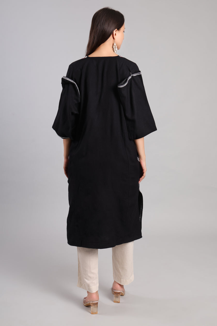 Black Korab Kashmiri Pheran with Silver Tilla Embroidery and Red Accents