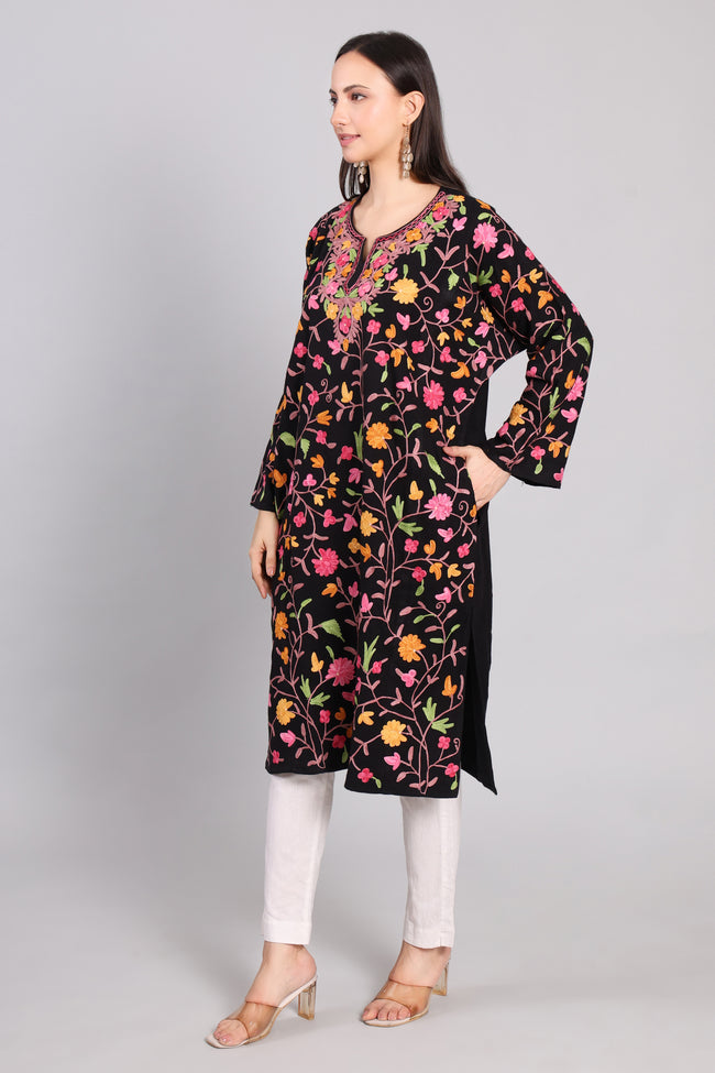 Midnight Garden Kashmiri Pheran with Jaal Aari Embroidery