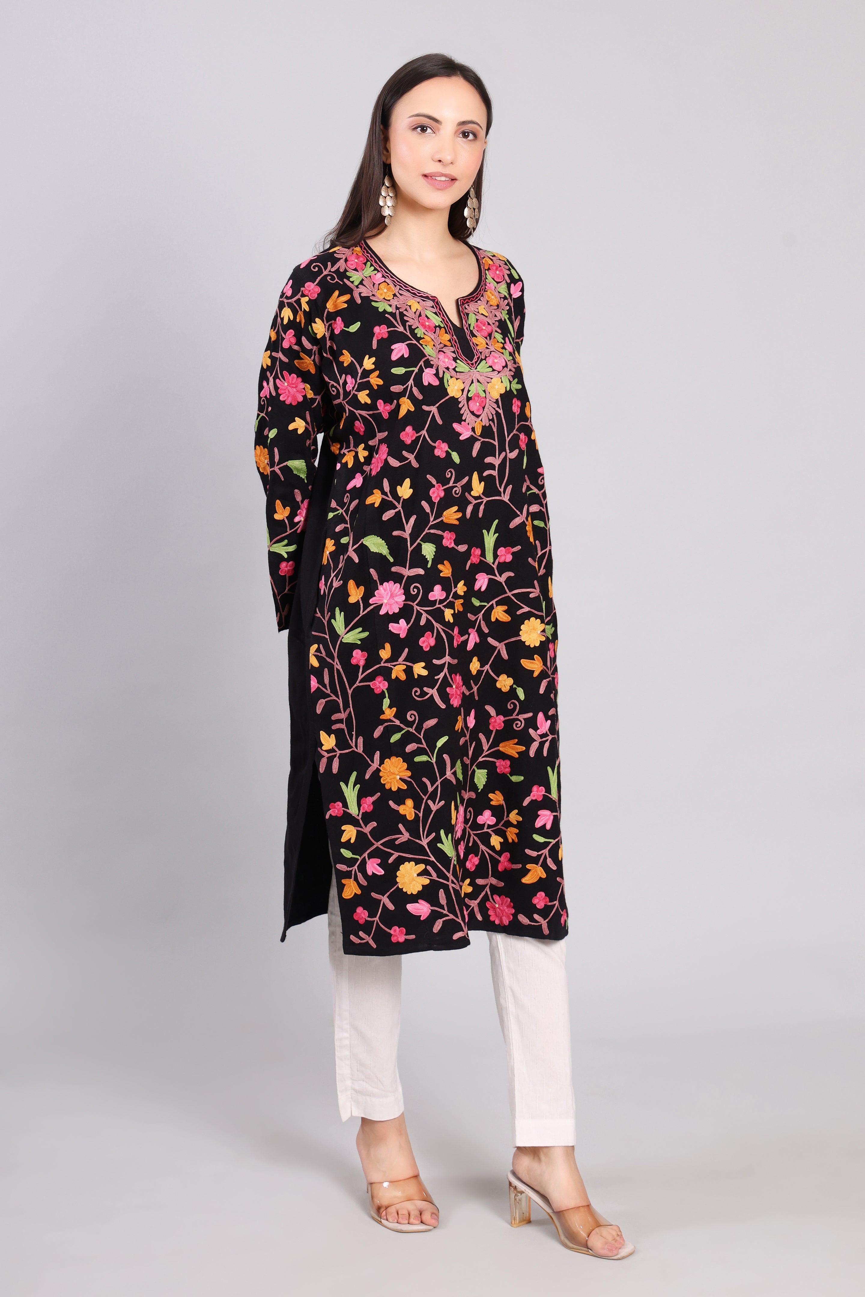 Midnight Garden Kashmiri Pheran with Jaal Aari Embroidery