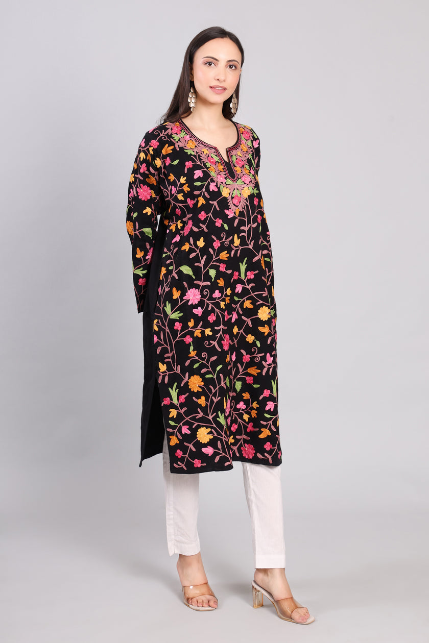 Midnight Garden Kashmiri Pheran with Jaal Aari Embroidery