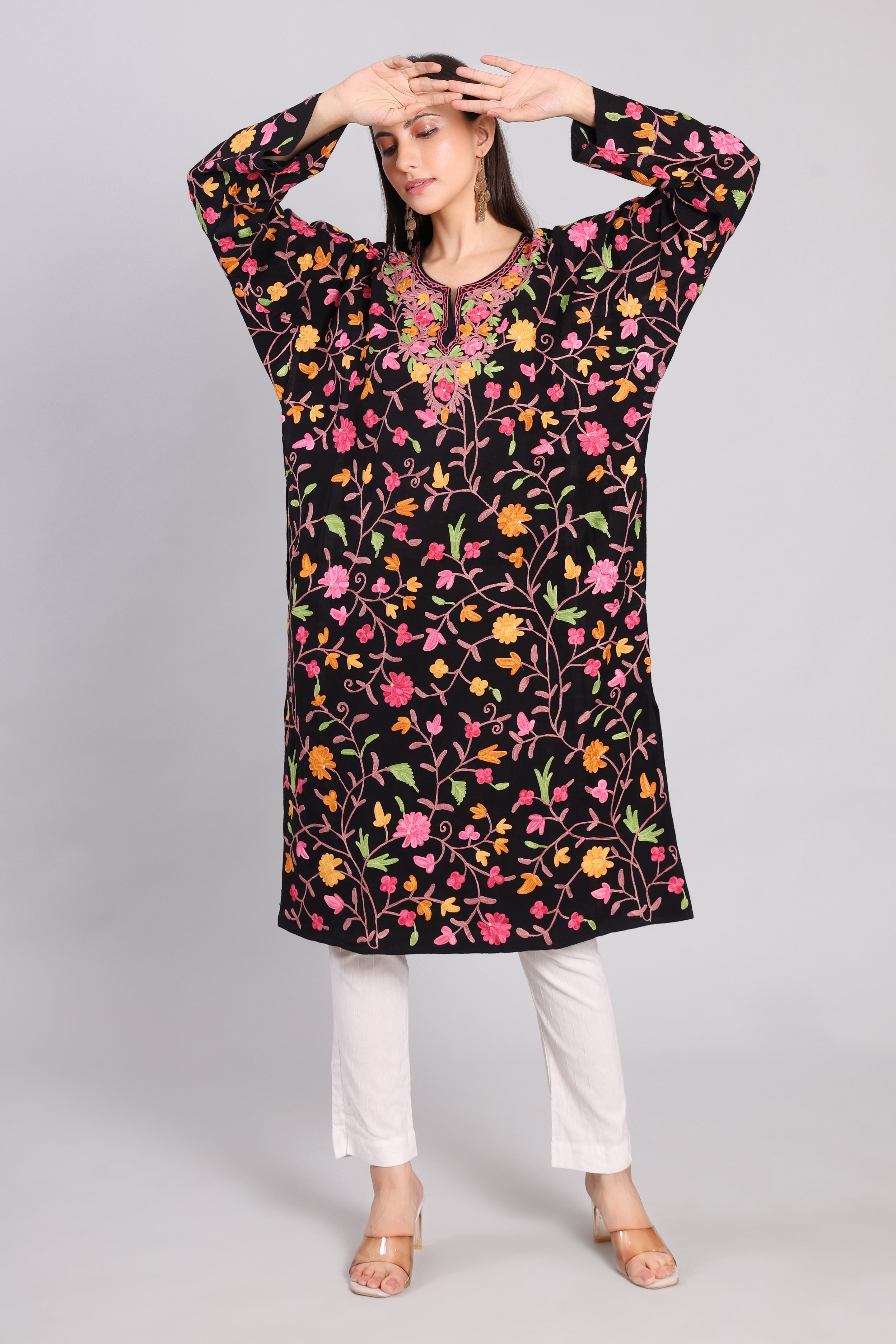 Midnight Garden Kashmiri Pheran with Jaal Aari Embroidery