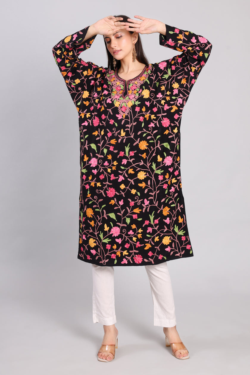 Midnight Garden Kashmiri Pheran with Jaal Aari Embroidery